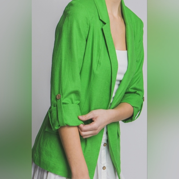 #385 SALE 🛑S,M Boho Linen Open Front Roll Tab Sleeve Blazer - Picture 4 of 16